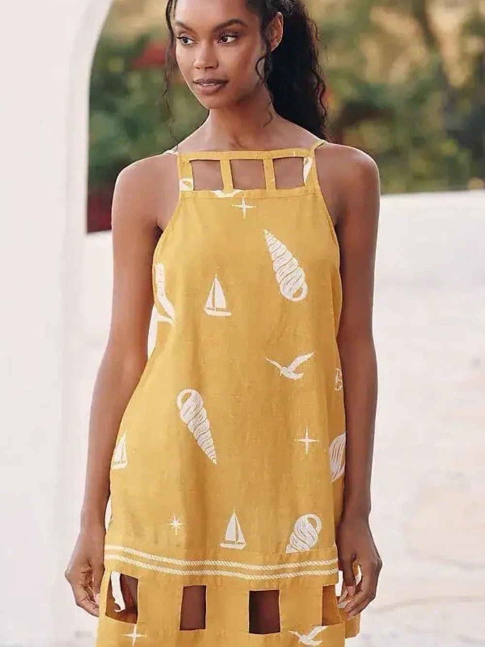 Anthropologie Celandine Maize Yellow Nautical Cutout Square Neck Mini Dress M
